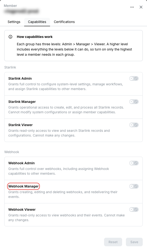 Webhook capabilities on the Capabilities tab of a member