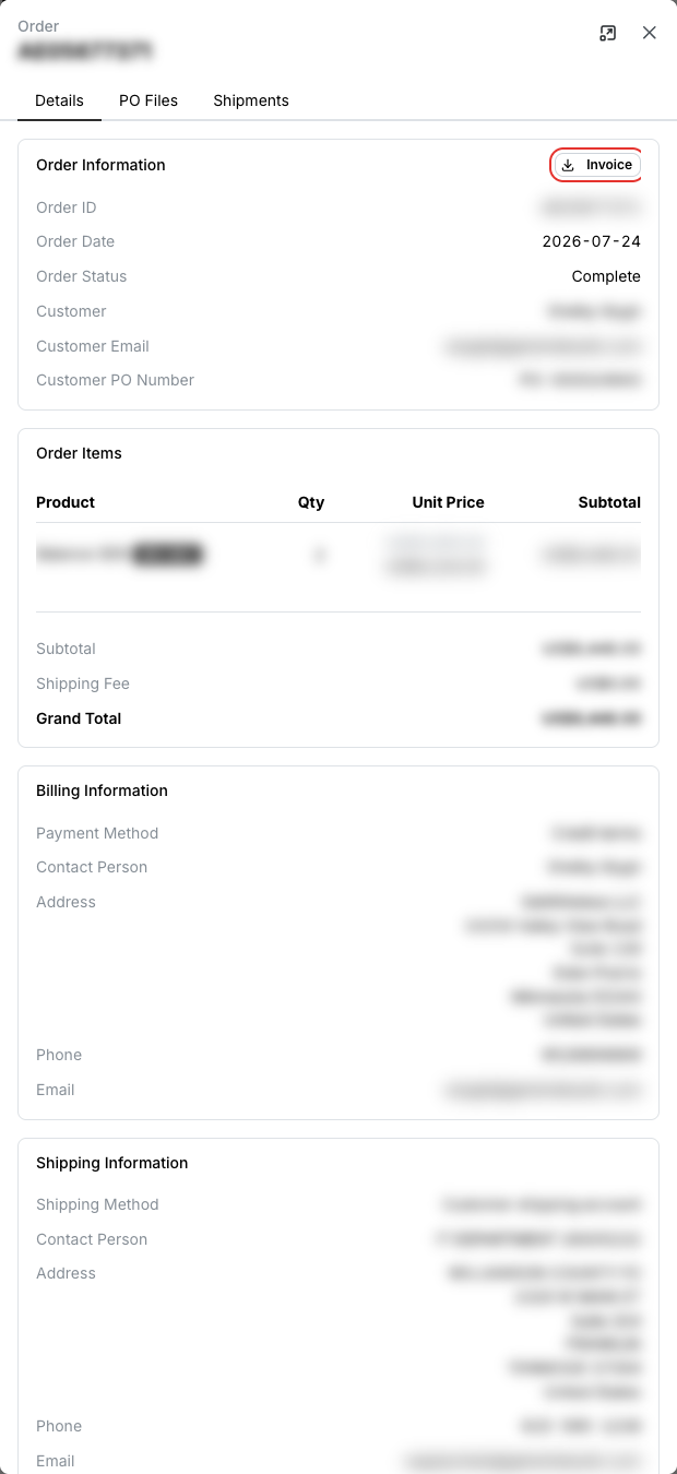 Order details with the Invoice button