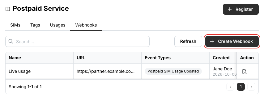 The Webhooks tab of Postpaid Service