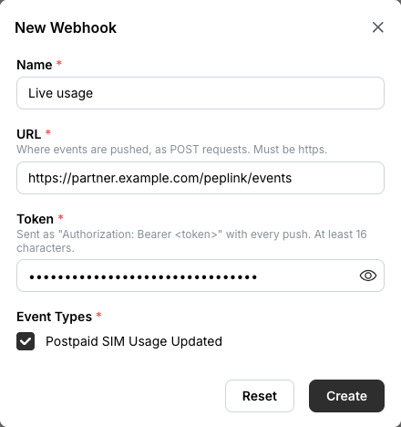 The New Webhook form