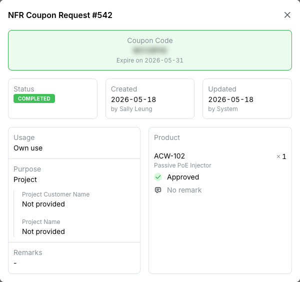 An approved request with its coupon code