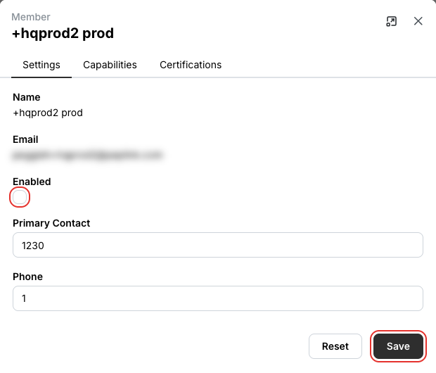 Disabling a member on the Settings tab