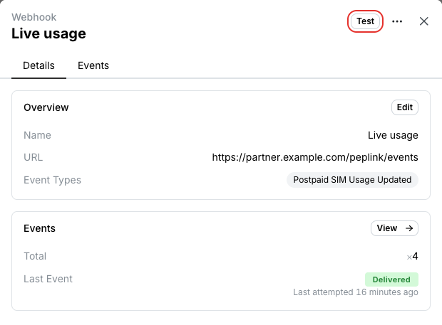 The Test button of a webhook