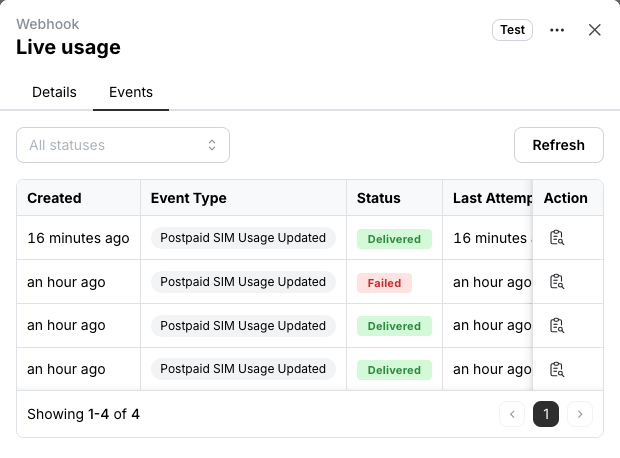 The Events tab of a webhook