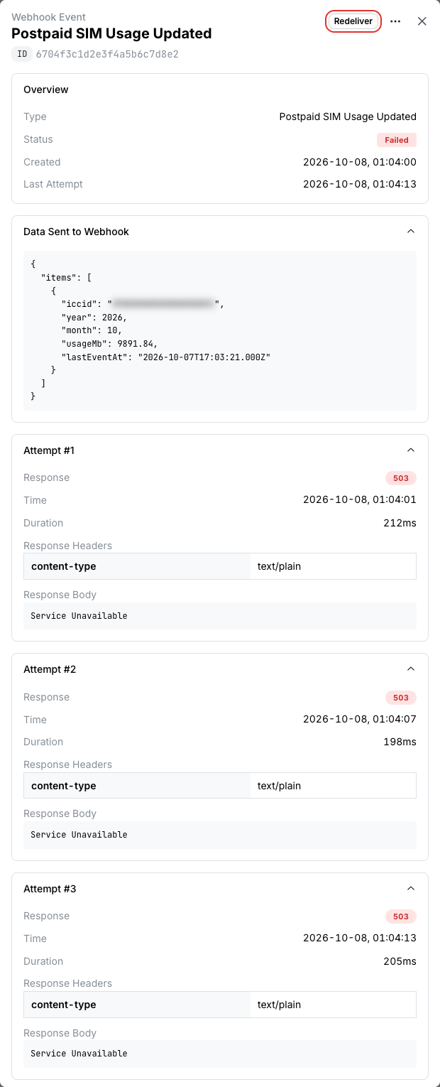 A failed event with its attempts and the Redeliver button