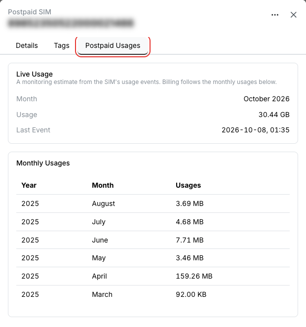 Live Usage on the Postpaid Usages tab of a SIM