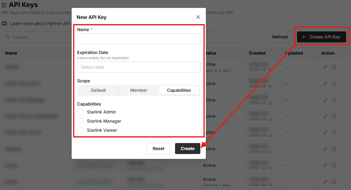 Create API key with capabilities