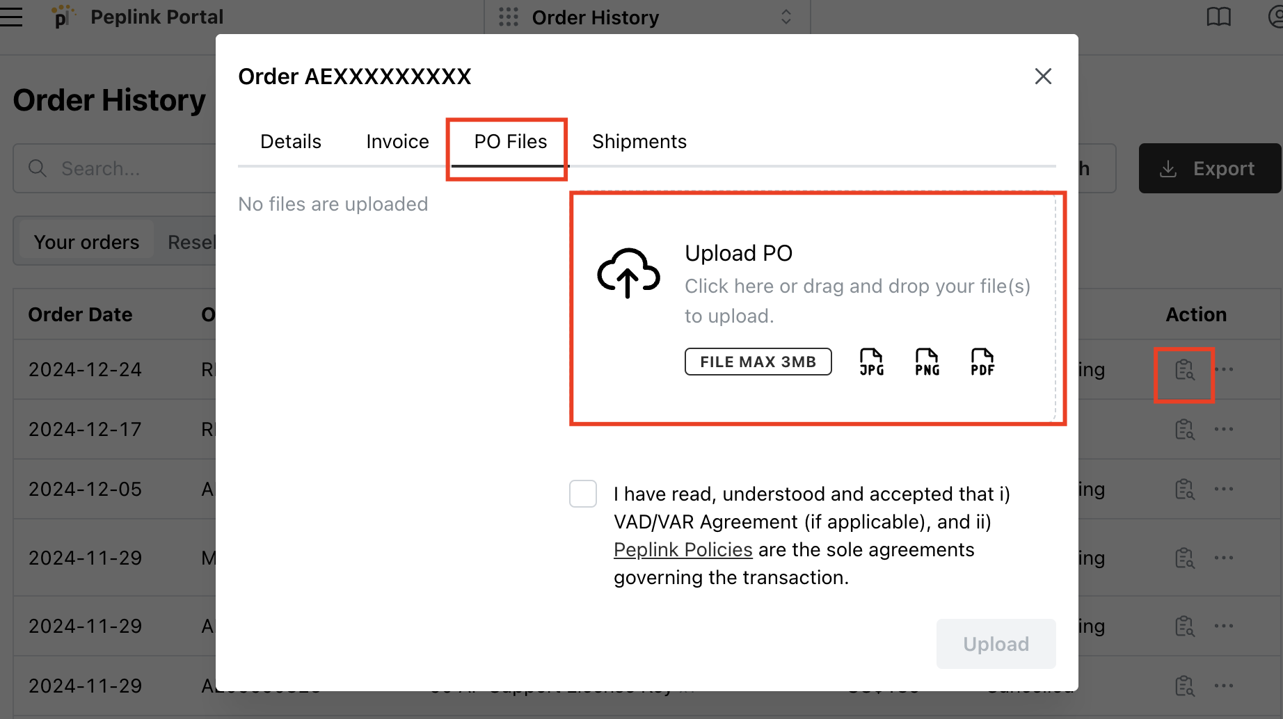 Update Order PO Information page